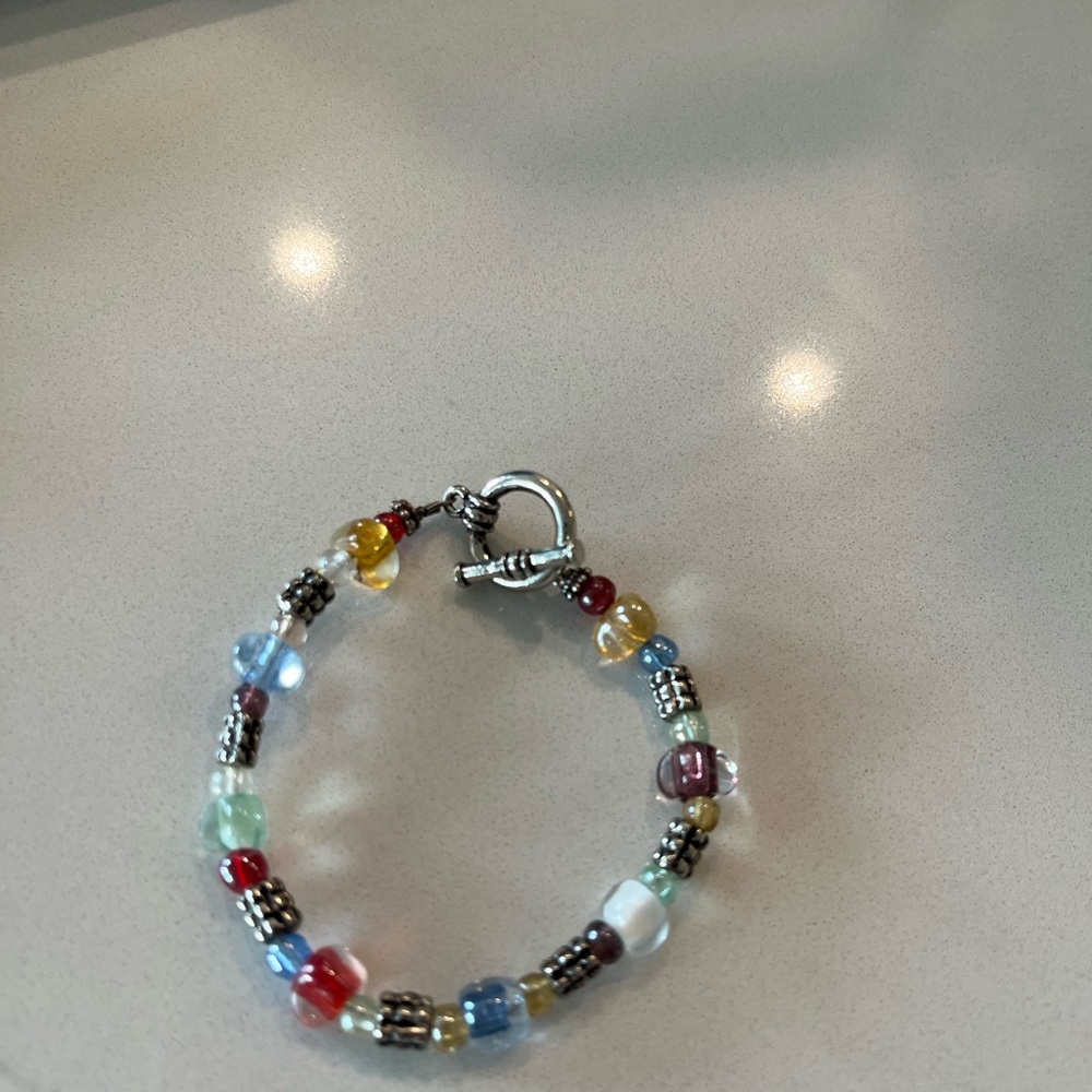 Artisan Multicolor Glass Beaded Bracelet Silver Toggle Clasp - Picture 2 of 6